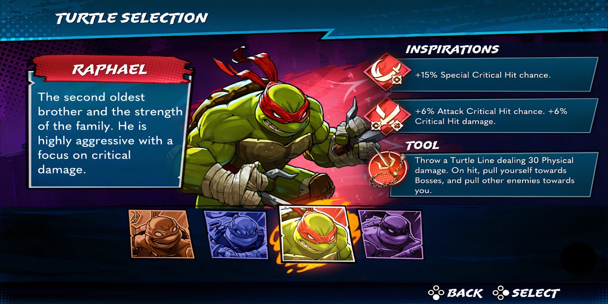 Raphael selection screen in Teenage Mutant Ninja Turtles Splintered Fate