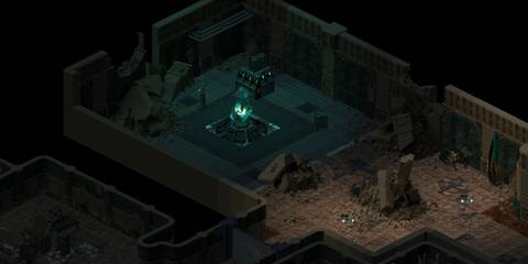 Ravaged underground facility with a glowing artifact in UnderRail
