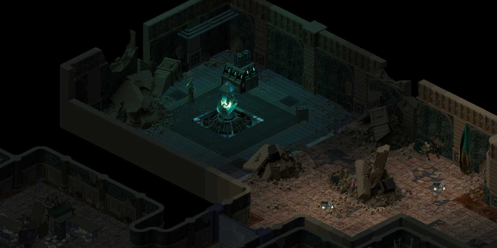 Ravaged underground facility with a glowing artifact in UnderRail