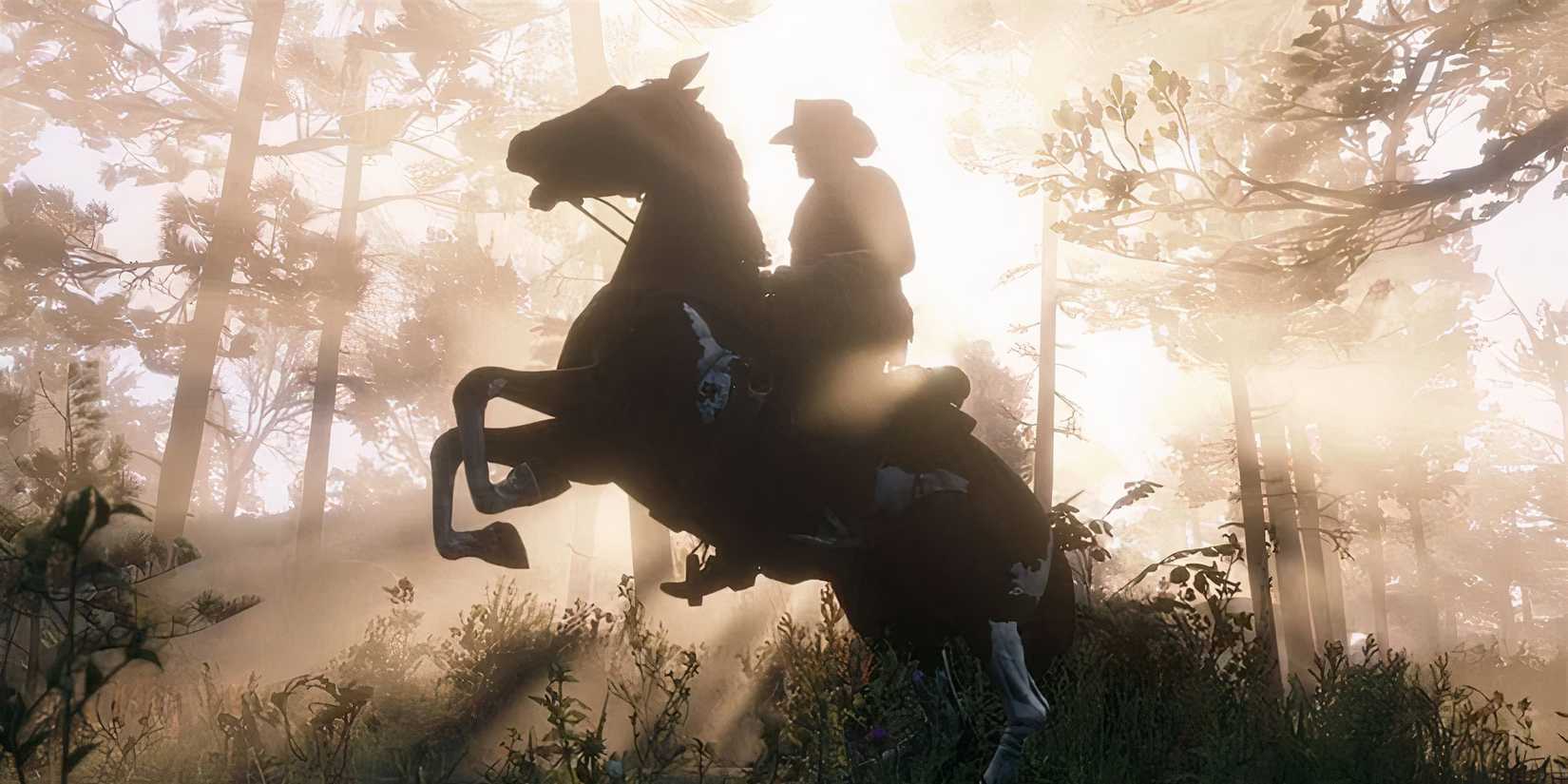 Arthur Morgan on a horse standing on its back legs in Red Dead Redemption 2
