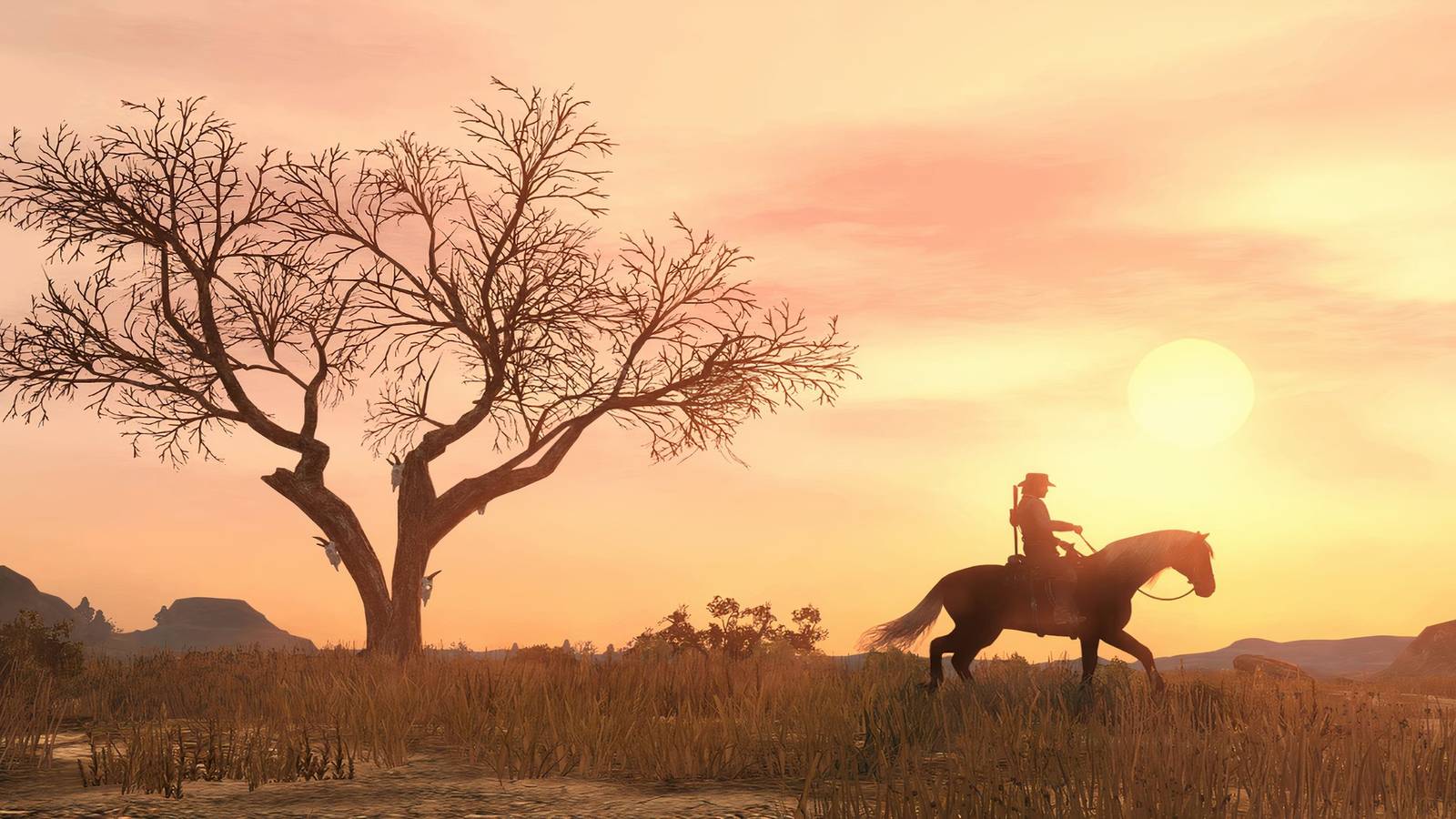 Red dead redemption art John on horse sunset