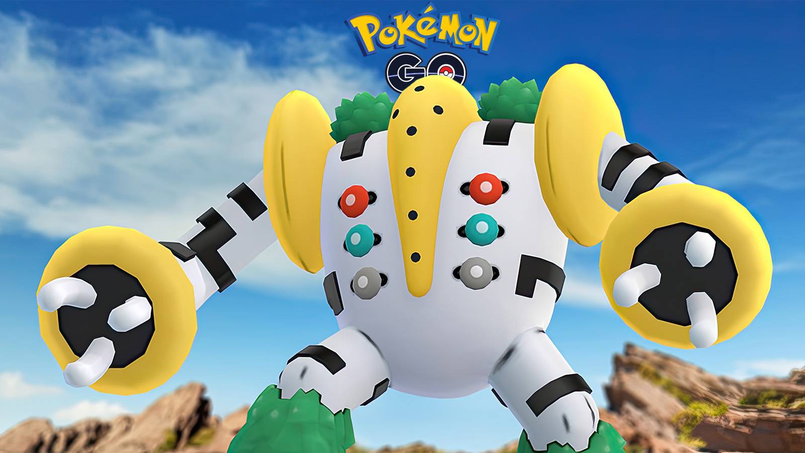 Regigigas key art upscaled render in front of small Pokemon GO logo composite