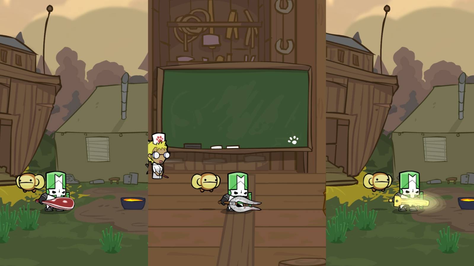Ribeye, Man Catcher and Key Sword in Castle Crashers