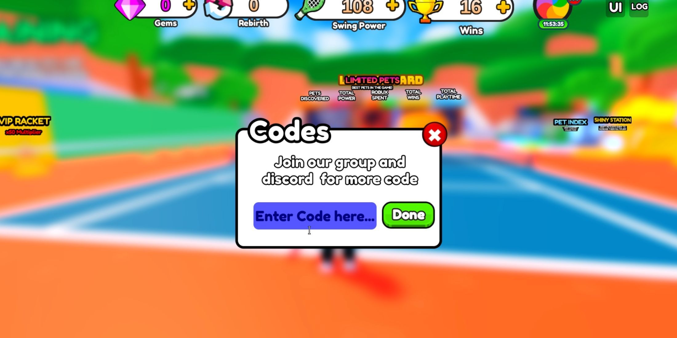 Tennis Simulator the codes tab