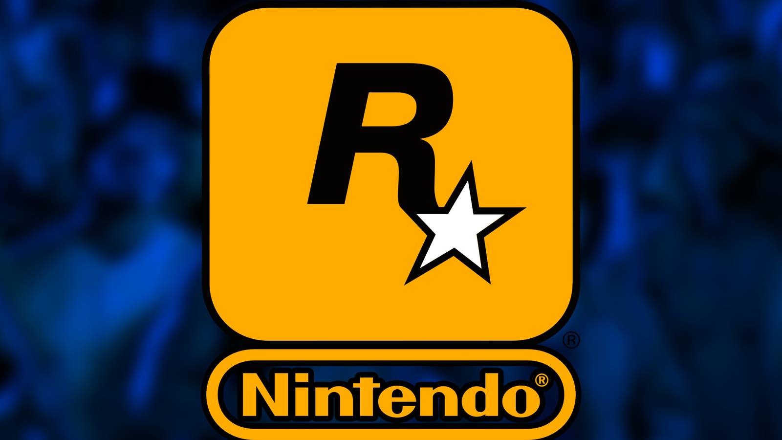 Rockstar and Nintendo orange-black logos on blurred and blue-tinted The Warriors cover crop
