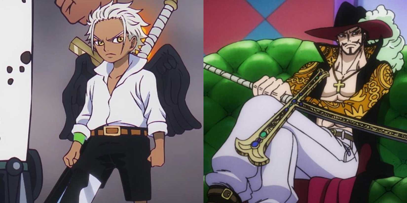 S-Hawk using the powers of the Supa Supa no Mi, and Dracule Mihawk sitting while he's in Cross Guild.