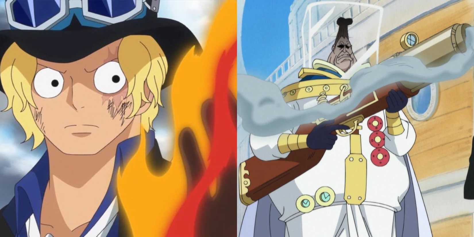 Sabo wields the flames of the Mera Mera no Mi, and Saint Jalmack shoots at a young Sabo with his cannon.
