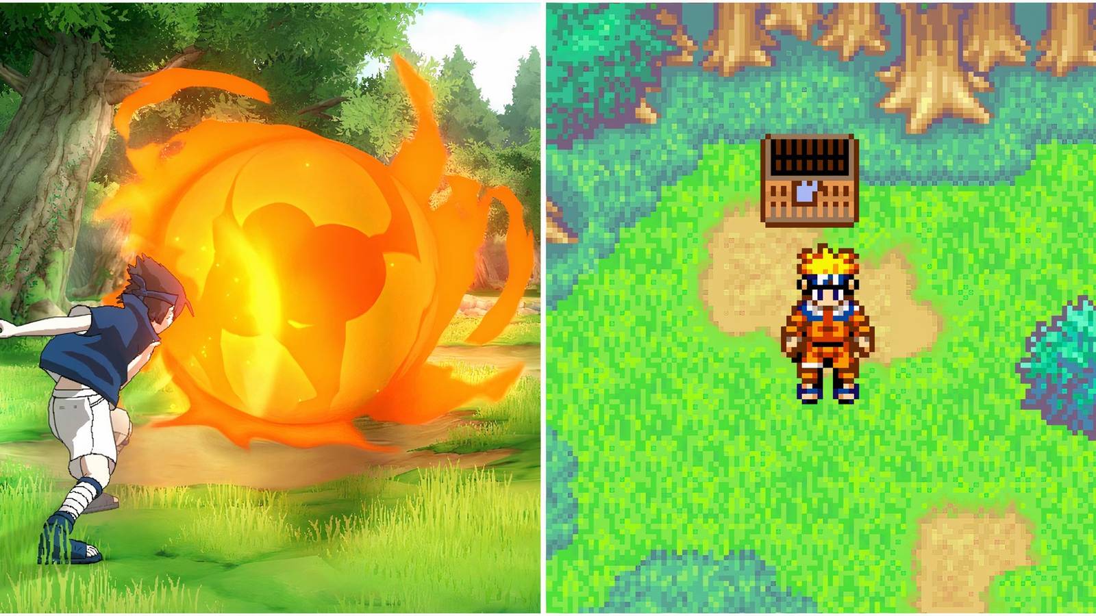 Sasuke shooting a fireball in Naruto Ultimate Ninja Storm and Exploring the world in Naruto Path Of The Ninja