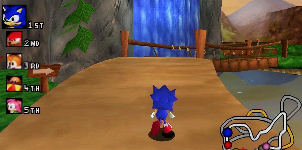 Sonic racing towards a bridge in Sonic R 