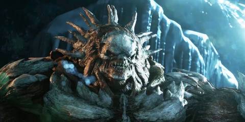 Matriarch Locust creature with a serious look on her face inside an ice chamber