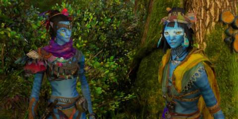 Screenshot of Nefika and Etuwa speaking with the Sarentu in Avatar Frontiers Of Pandora