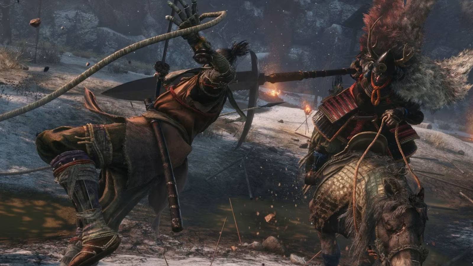 Gyoubu Masataka Oniwa, a horse-mounted warrior from Sekiro: Shadows Die Twice, swings his spear in a fierce battle.