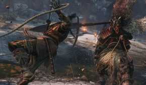 Gyoubu Masataka Oniwa, a horse-mounted warrior from Sekiro: Shadows Die Twice, swings his spear in a fierce battle.