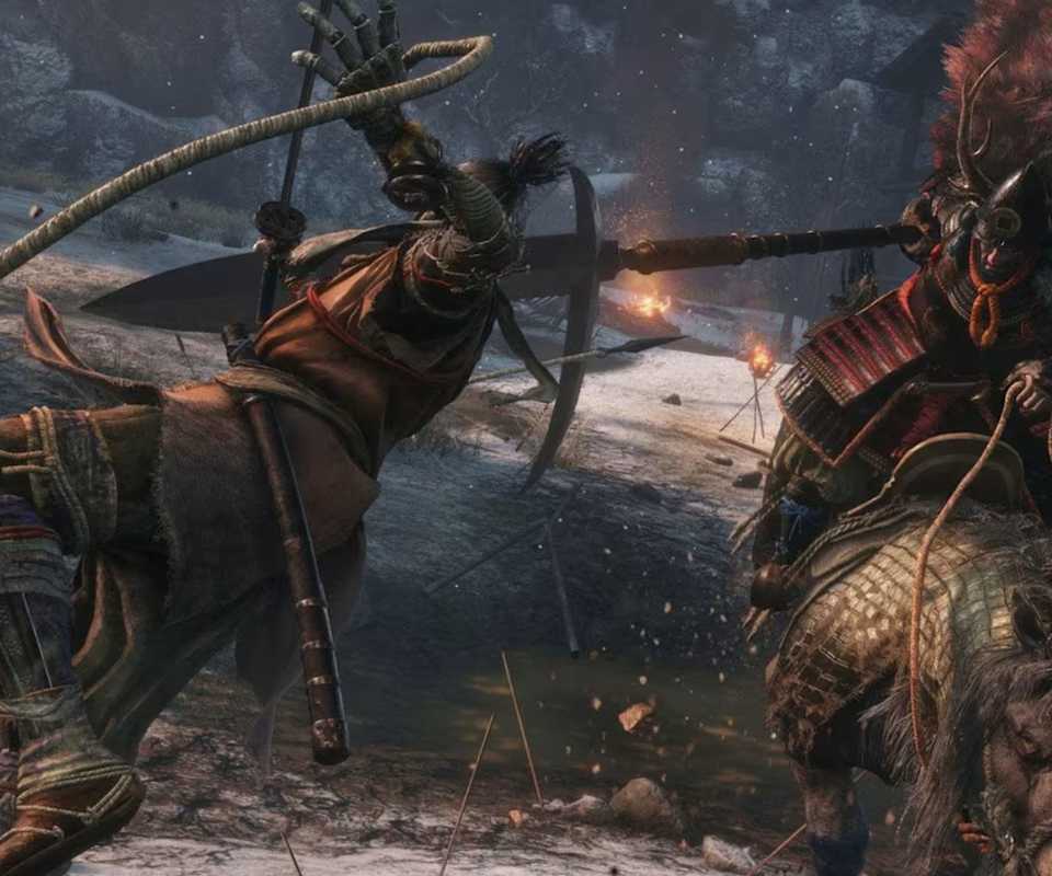 Gyoubu Masataka Oniwa, a horse-mounted warrior from Sekiro: Shadows Die Twice, swings his spear in a fierce battle.