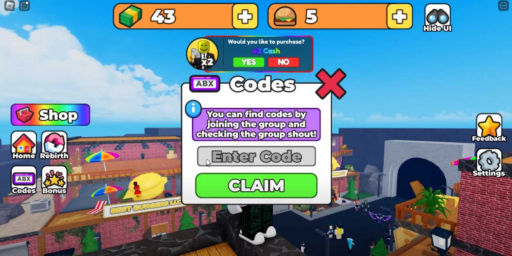 SELL BURGERS TO PROVE MOM WRONG the codes tab