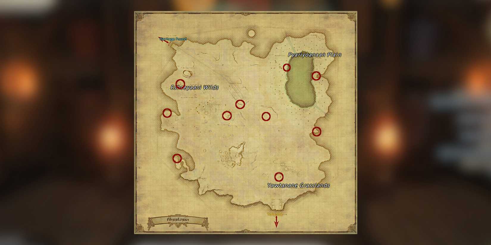 Image of the locations on the map of the Shaaloani aether currents in Final Fantasy 14