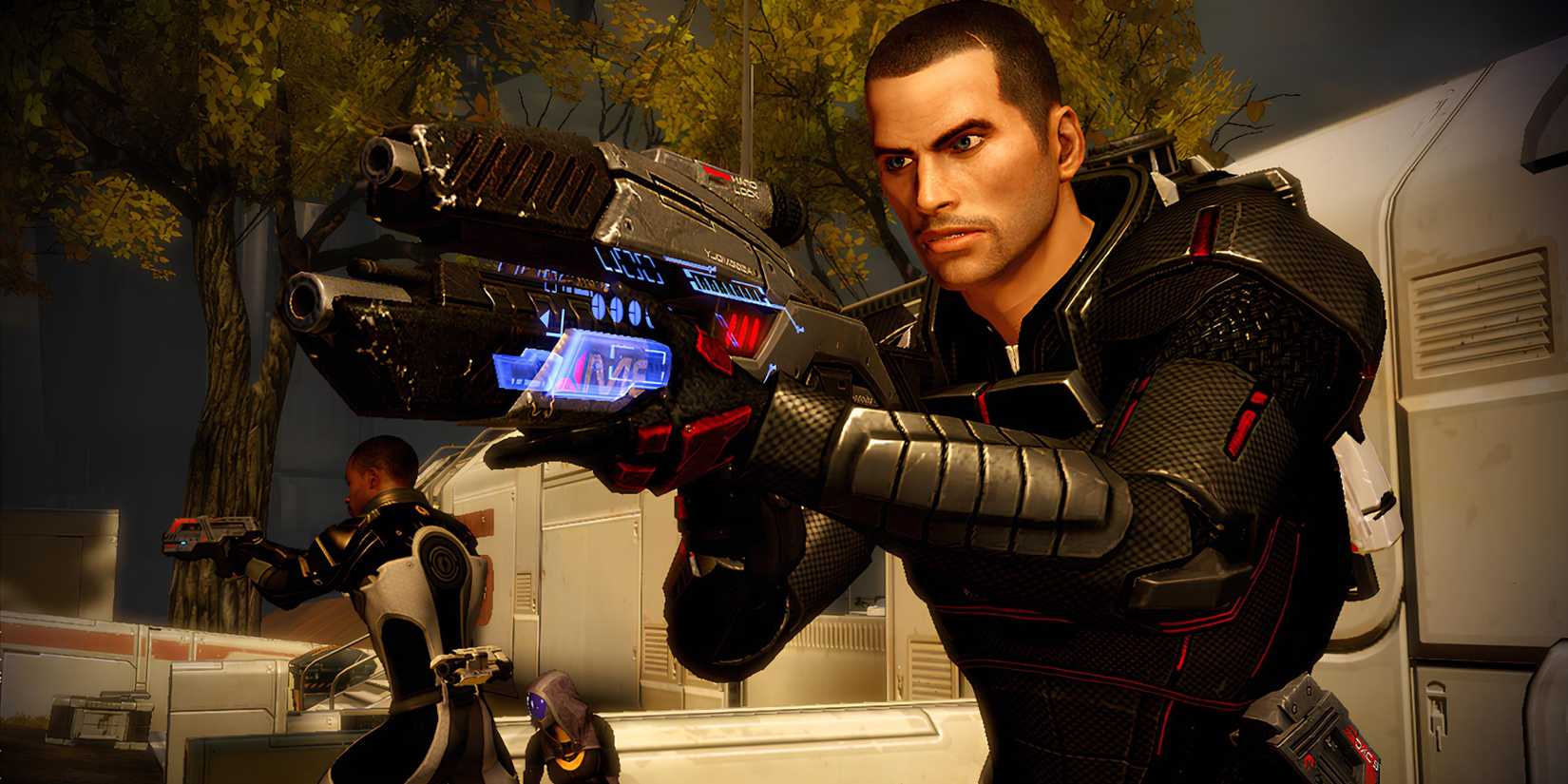 Shepard with a gun in Mass Effect 2