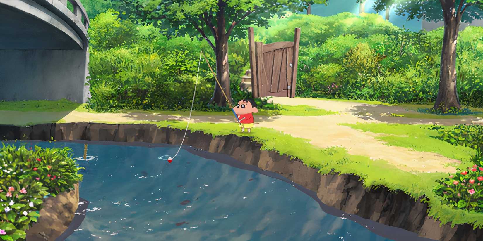shin chan fishing in a pond 
