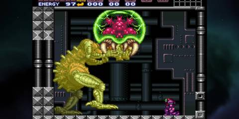 Baby Metroid attacking Mother Brain for Samus