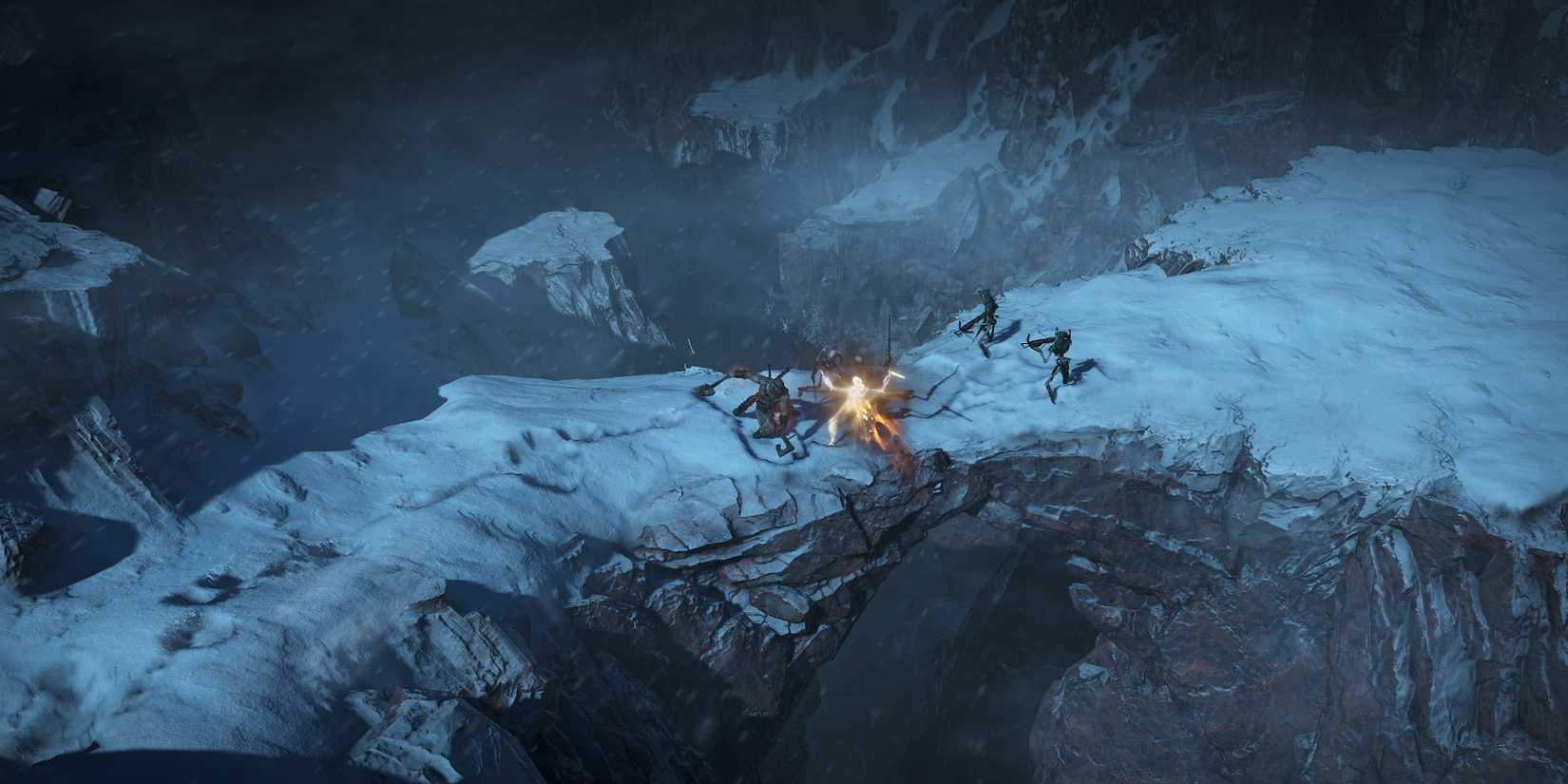 Snowy mountain bridge where a group of characters engage in combat in Diablo 4