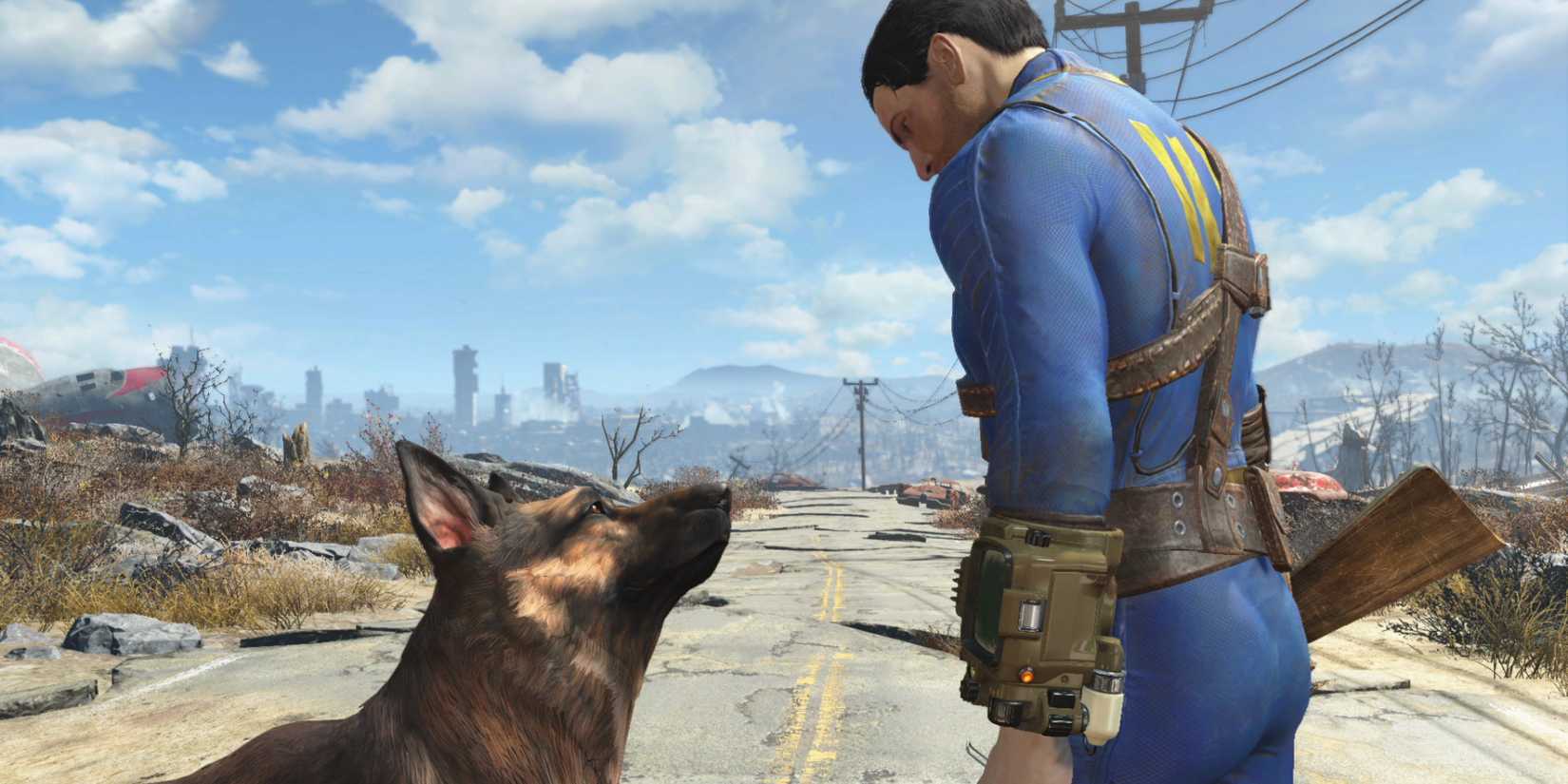 Sole Survivor with Dogmeat on a post-apocalyptic road in Fallout 4