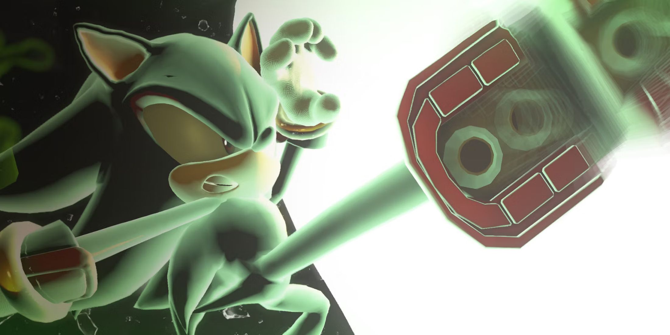 A screenshot of Shadow the Hedghog kicking a green energy in Sonic X Shadow Generations.
