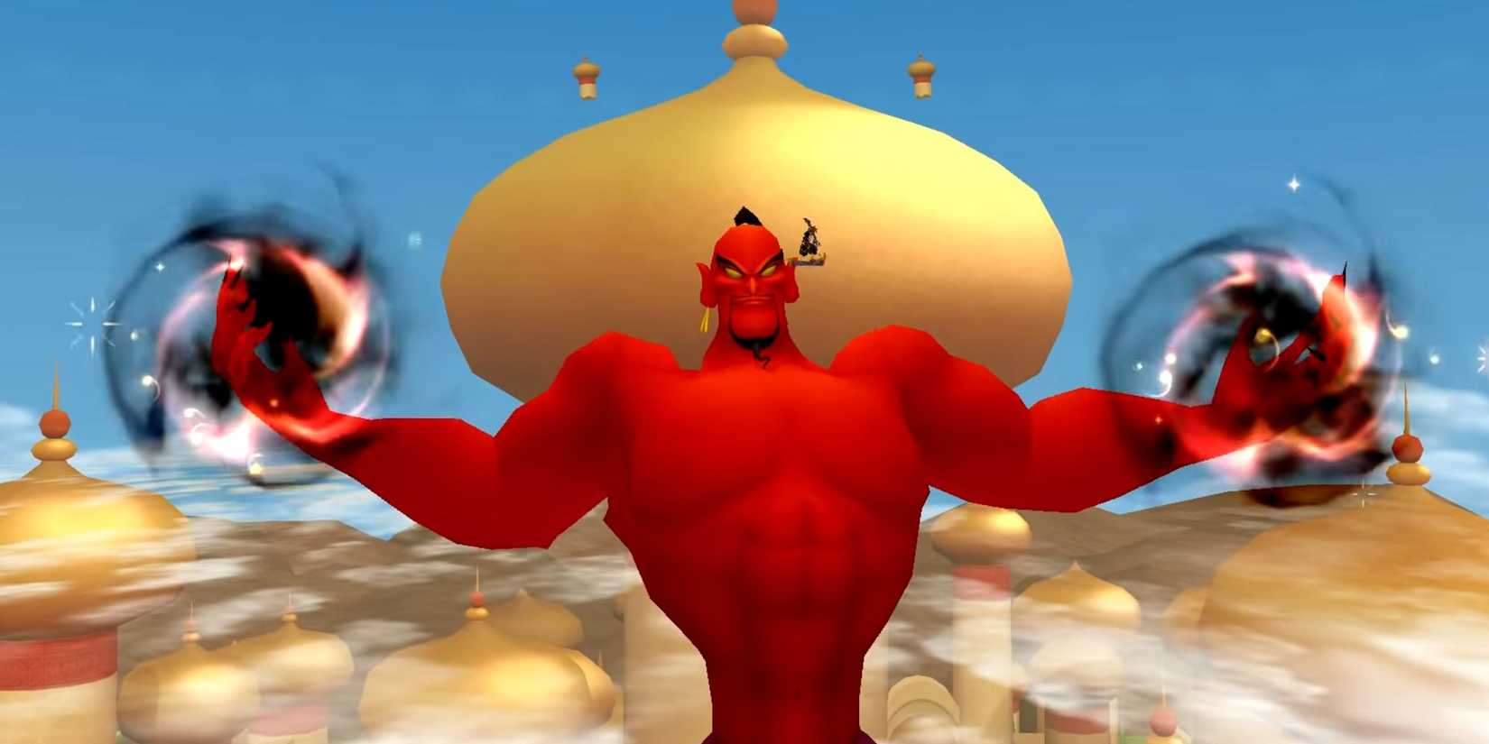 Sora faces Genie Jafar in the skies of Agrabah.