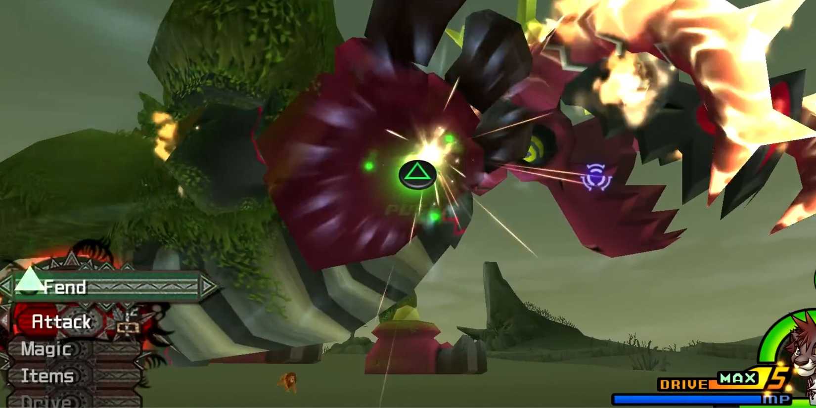 Sora uses the Fend Reaction Command to fight the Groundshaker Heartless.