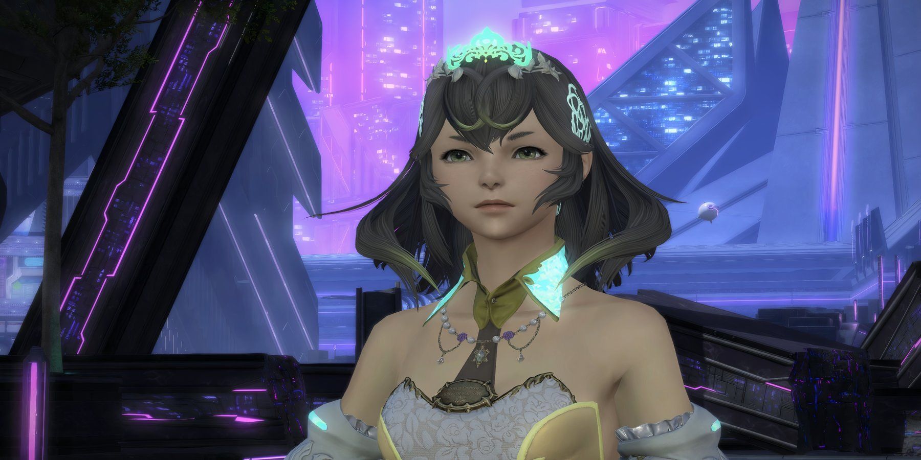 Queen Sphene in the cyberpunk Dawntrail location of Solution Nine in Final Fantasy 14