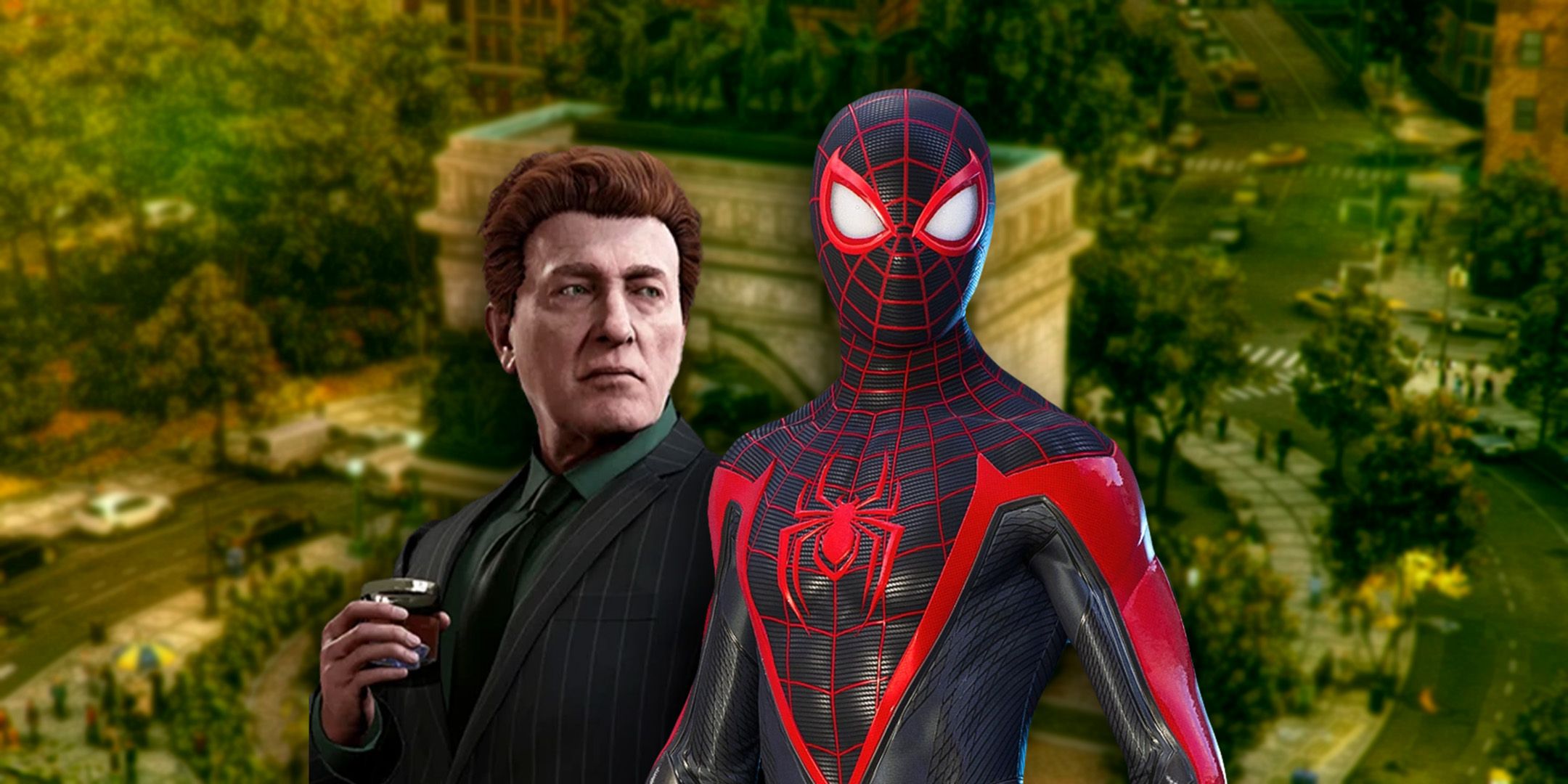 Norman Osborn and Miles Morales Spider-Man standing in front of Grand Army Plaza Brooklyn