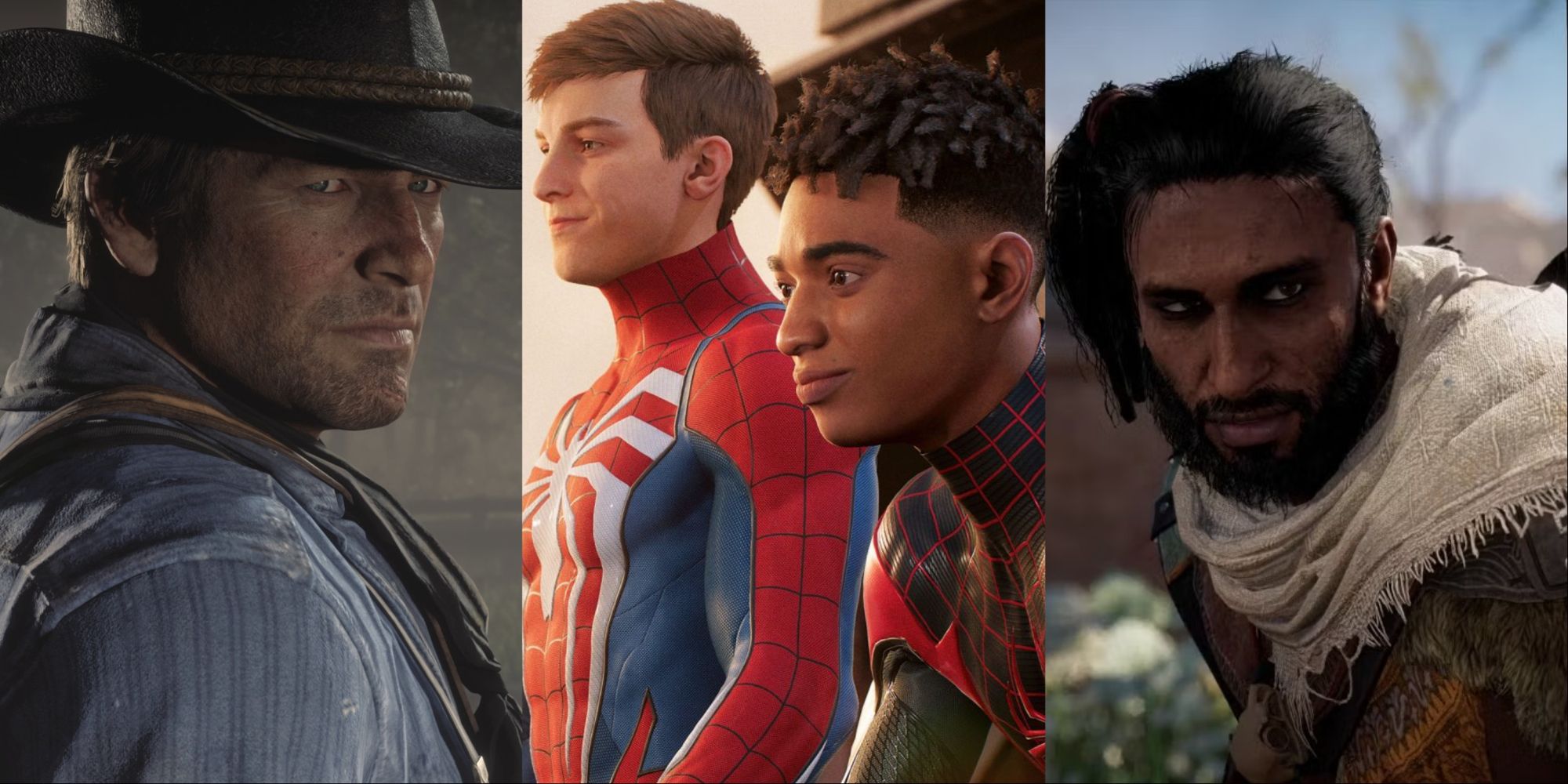 Split image of Arthur Morgan, Peter Parker, Miles Morales, and Bayek Of Siwa