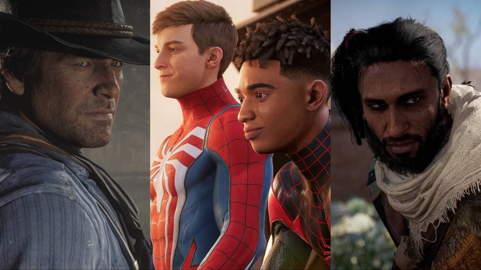 Split image of Arthur Morgan, Peter Parker, Miles Morales, and Bayek Of Siwa