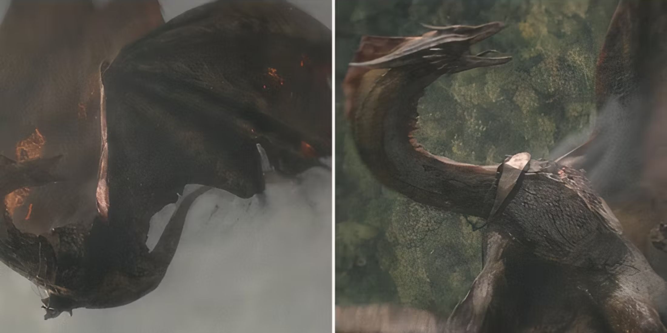 Split Image of Sunfyre catching Vhagar's fire above Rook's Rest in House of the Dragon.
