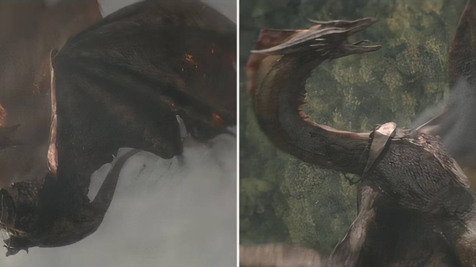 Split Image of Sunfyre catching Vhagar's fire above Rook's Rest in House of the Dragon.