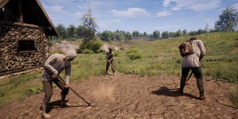 Several Medieval Dynasty players sowing a crop