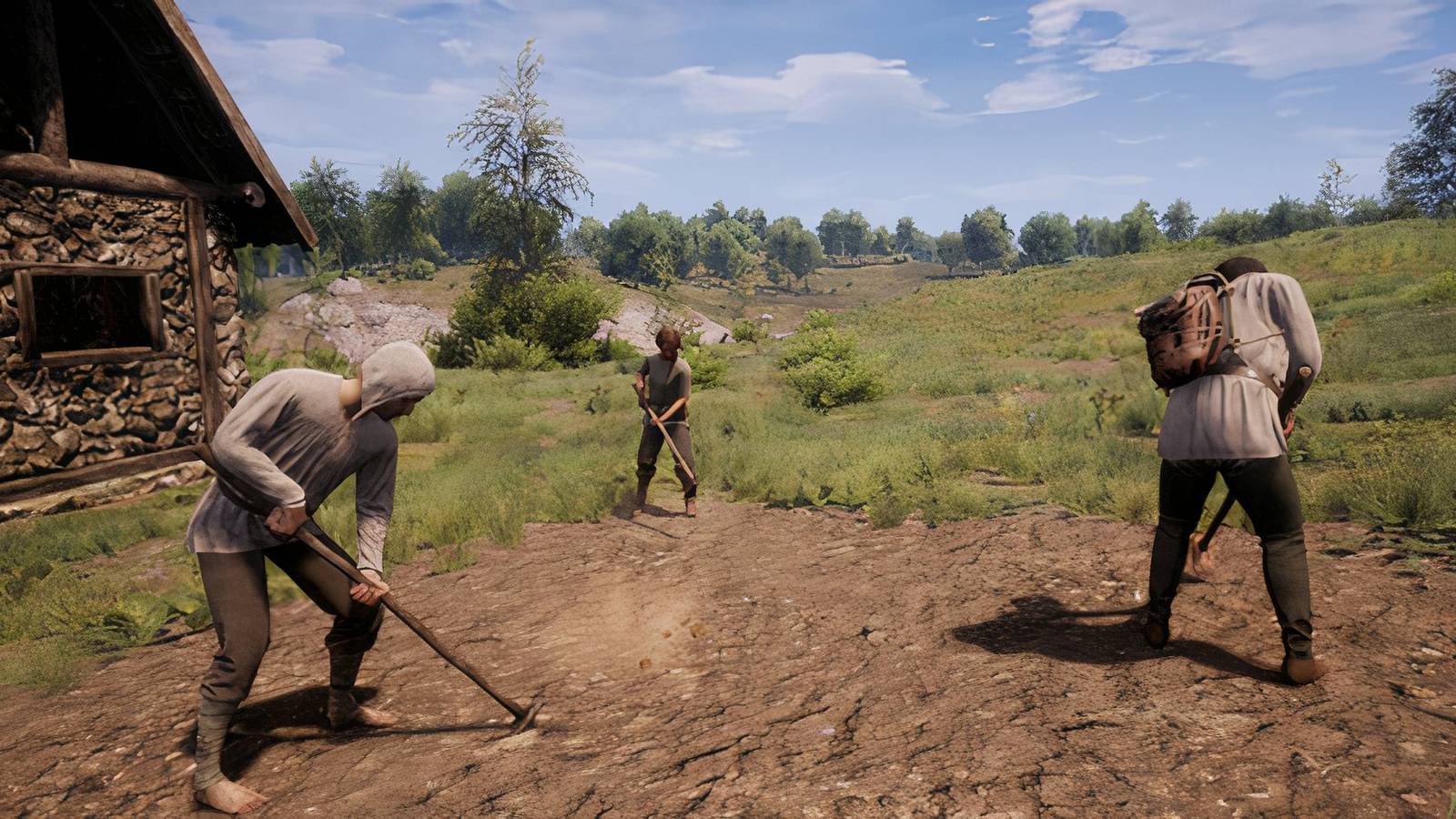 Several Medieval Dynasty players sowing a crop