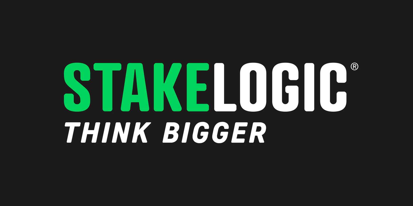 Stakelogic Think Bigger logo on dark gray background