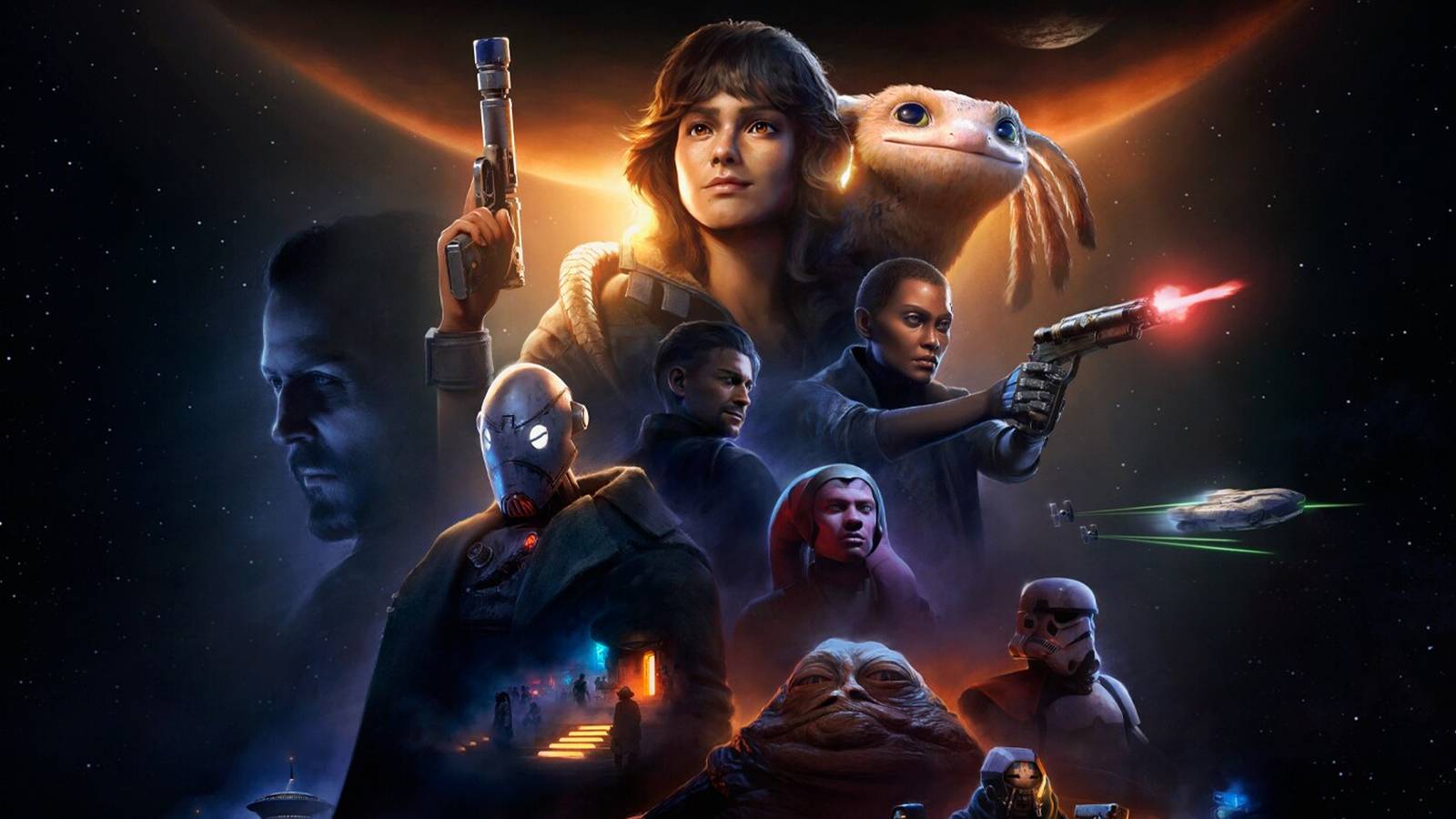 A promotional image of the characters of Star Wars Outlaws.