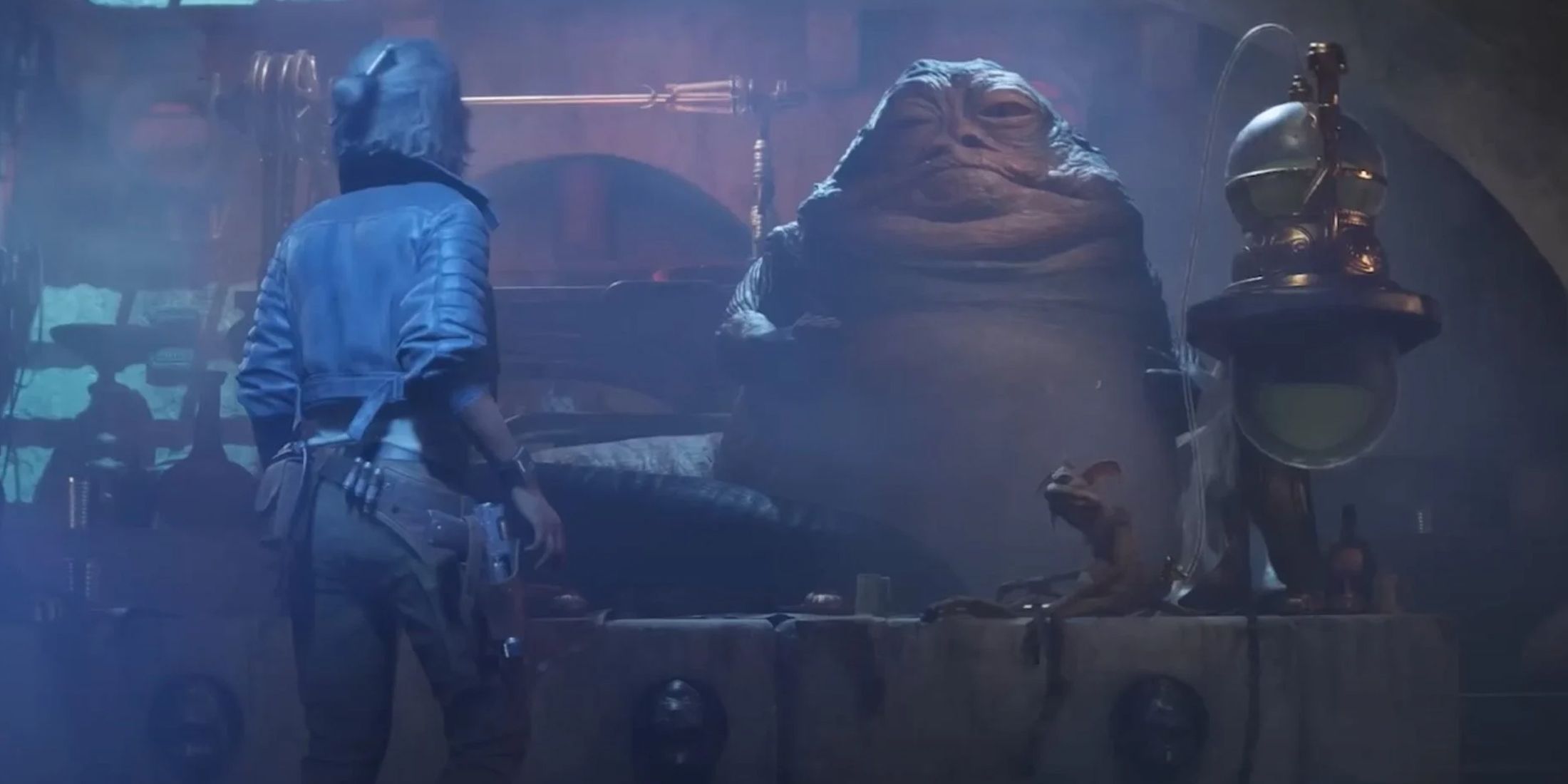 A screenshot of Kay Vess meeting Jabba the Hutt in his palace in Star Wars Outlaws.