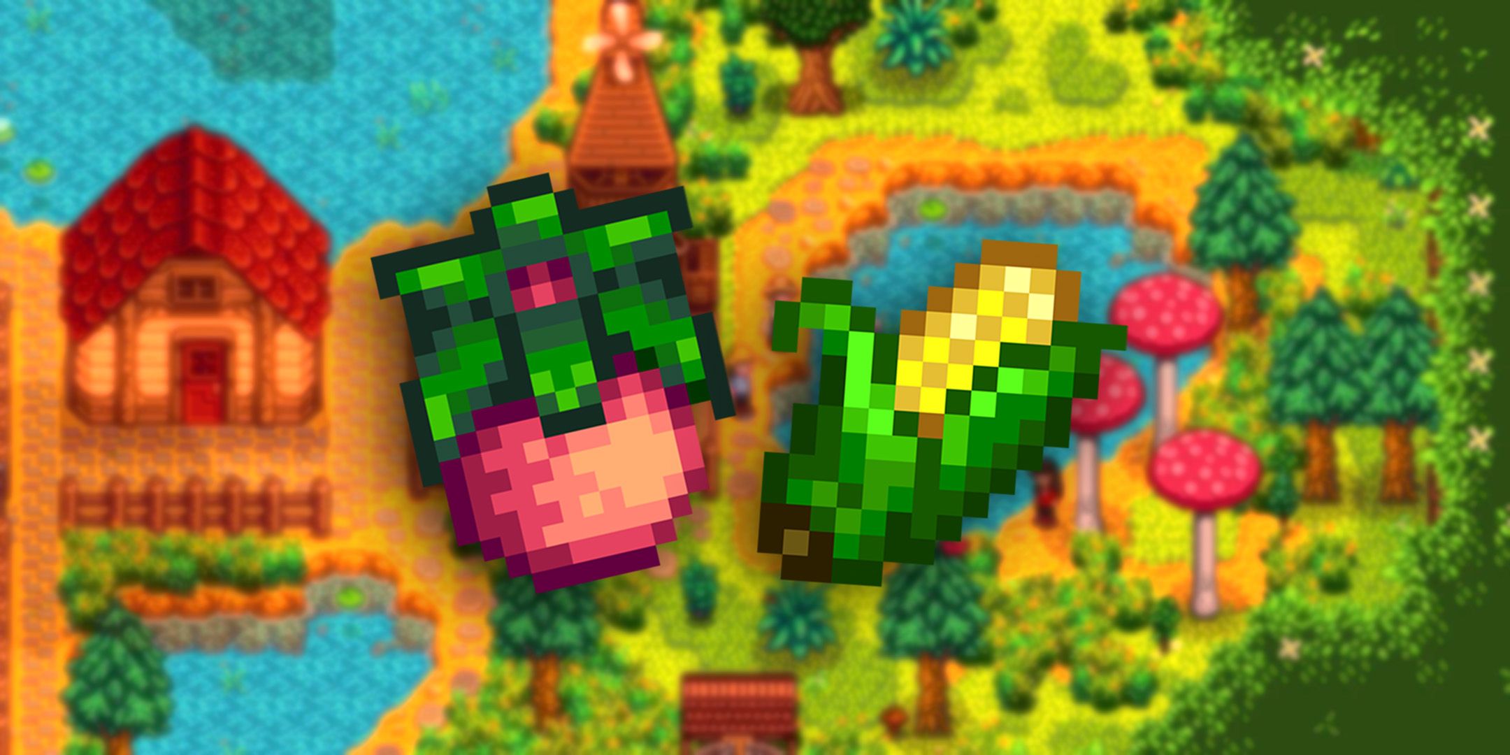 Stardew Valley Melon and Corn in a farm background