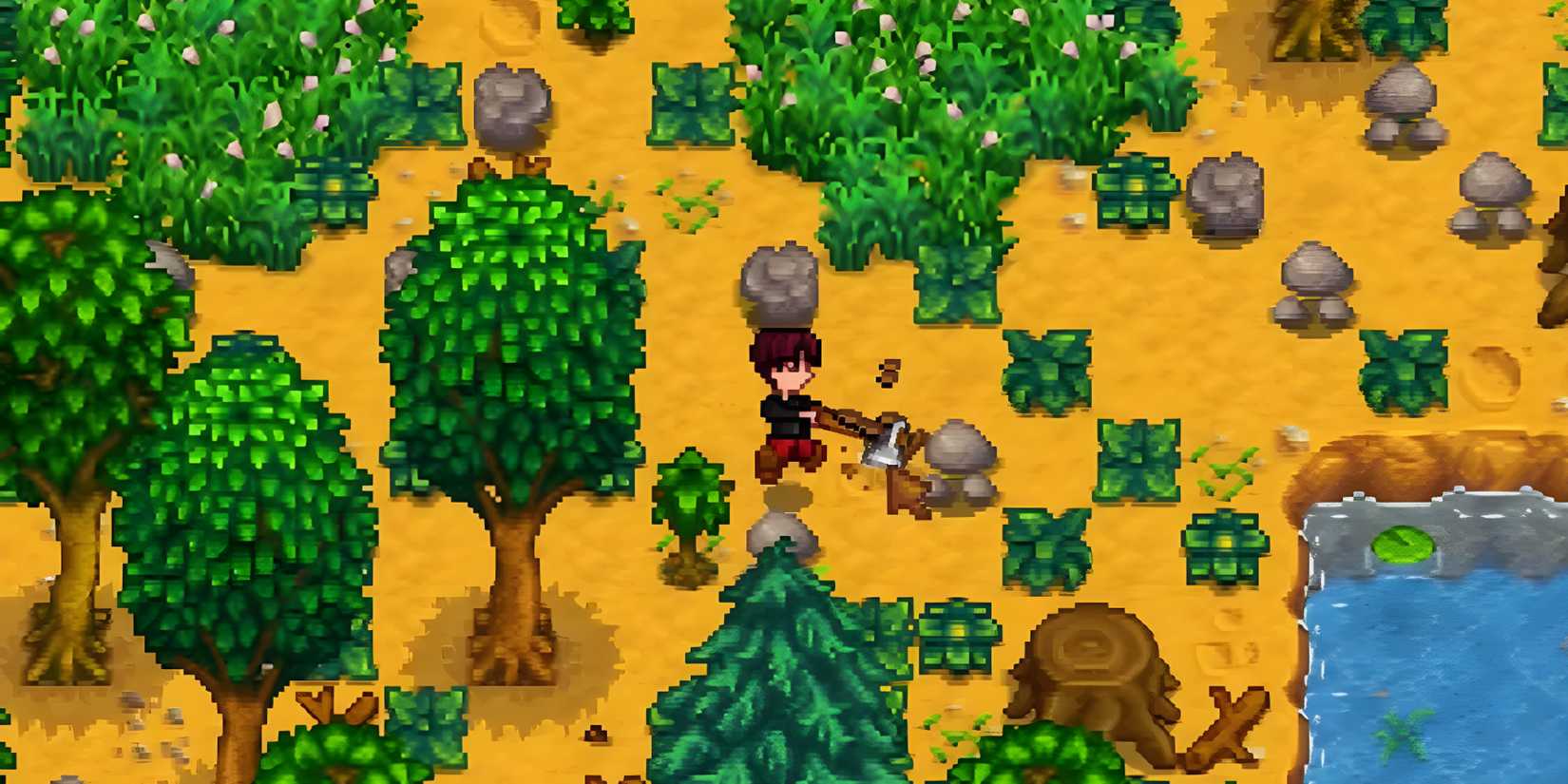 Stardew Valley Swinging an Axe on the Farm