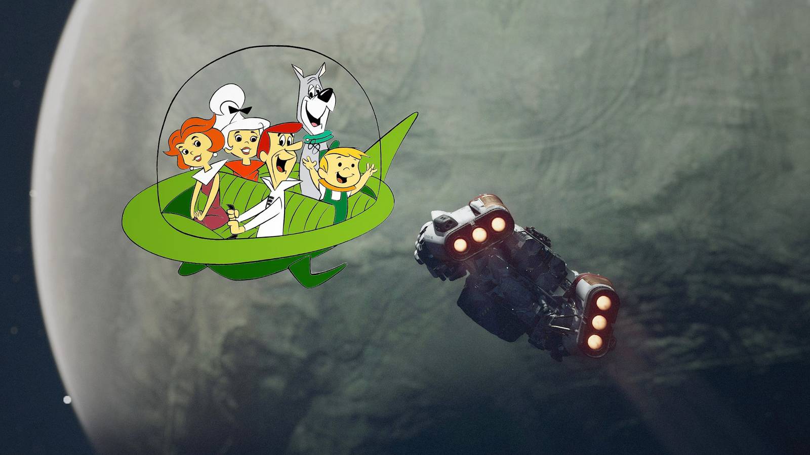 Starfield The Jetsons ship next to Frontier composite