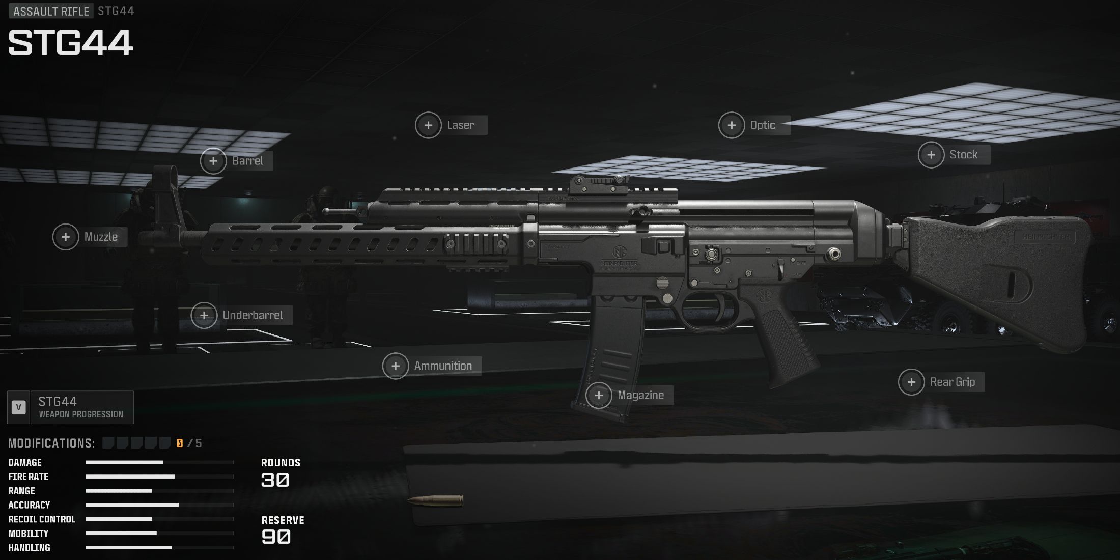 Screenshot showcasing the STG44 in the Gunsmith for Modern Warfare 3 and Warzone 