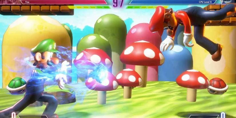 street fighter 6 with Mario and Luigi fighting on a Mario stage