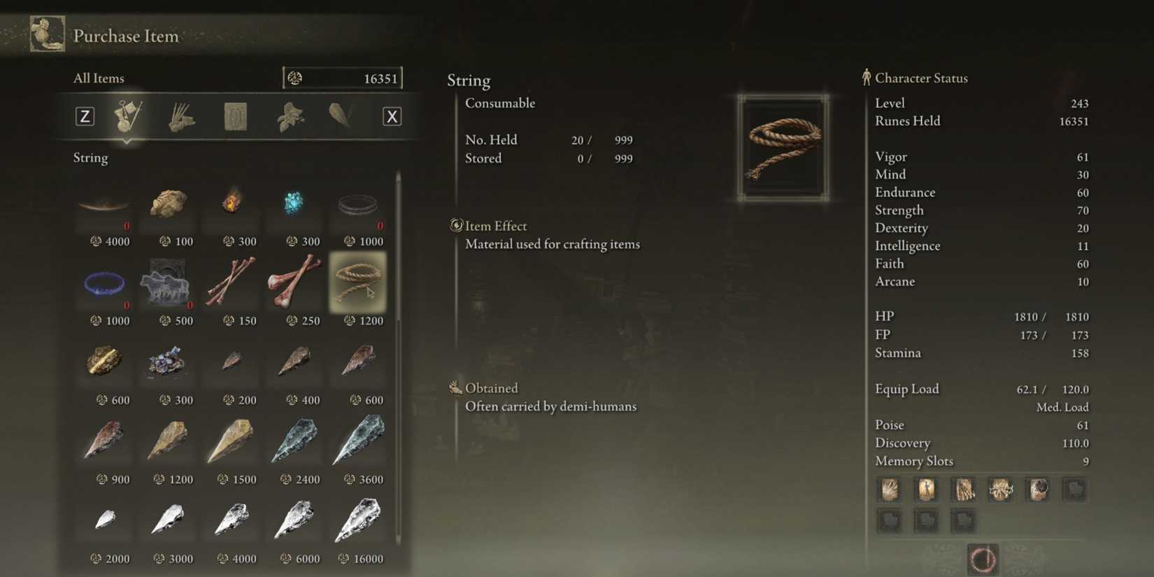 string on sale for 1200 runes in elden ring shadow of the erdtree