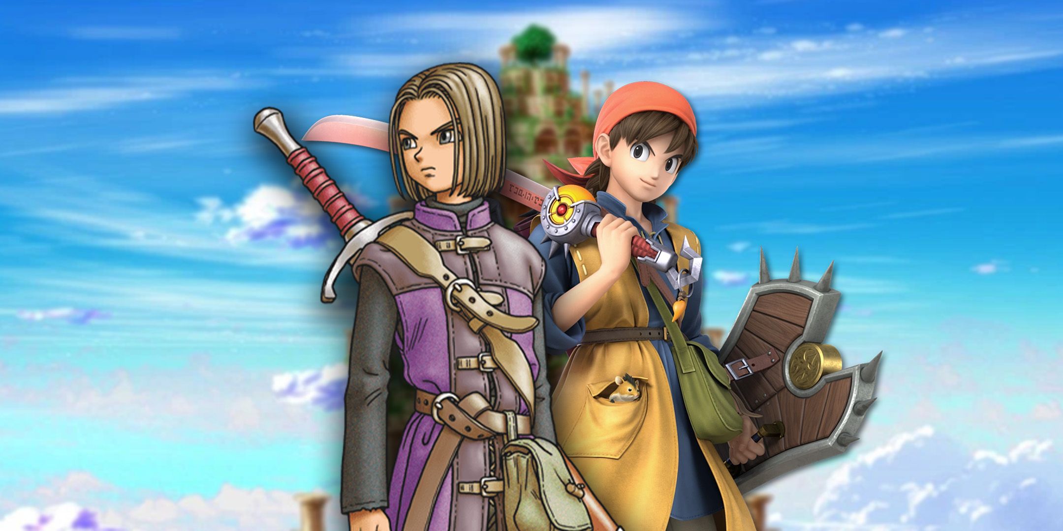 Dragon Quest 8 Hero and the Luminary standing beside each other against a background of sky and a temple