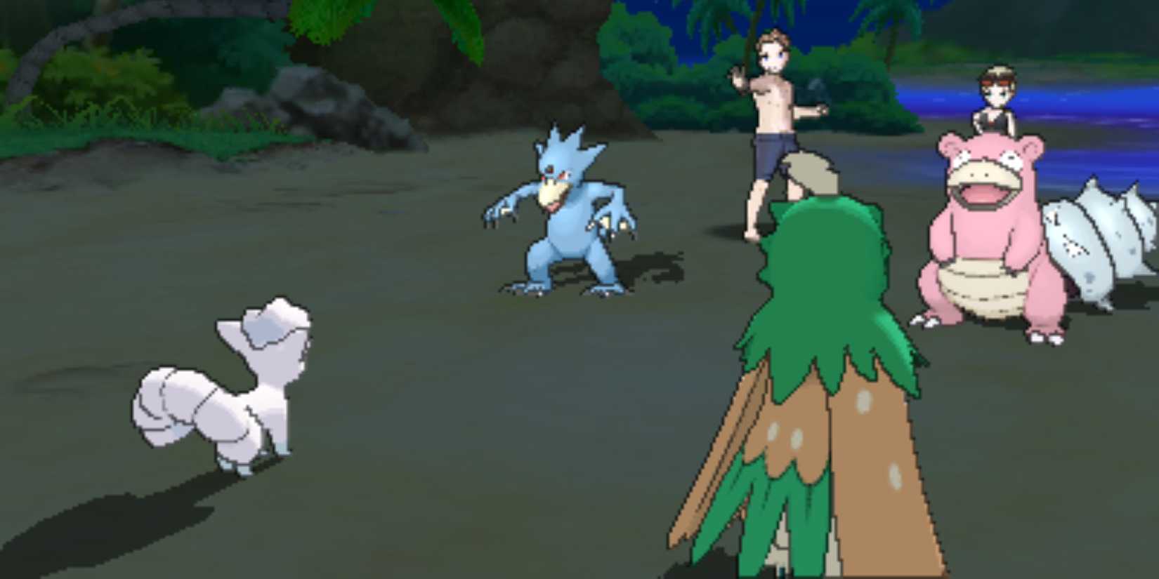 Battle between Alolan Vulpix, Decidueye, Golduck, and Slowbro in Sun/Moon