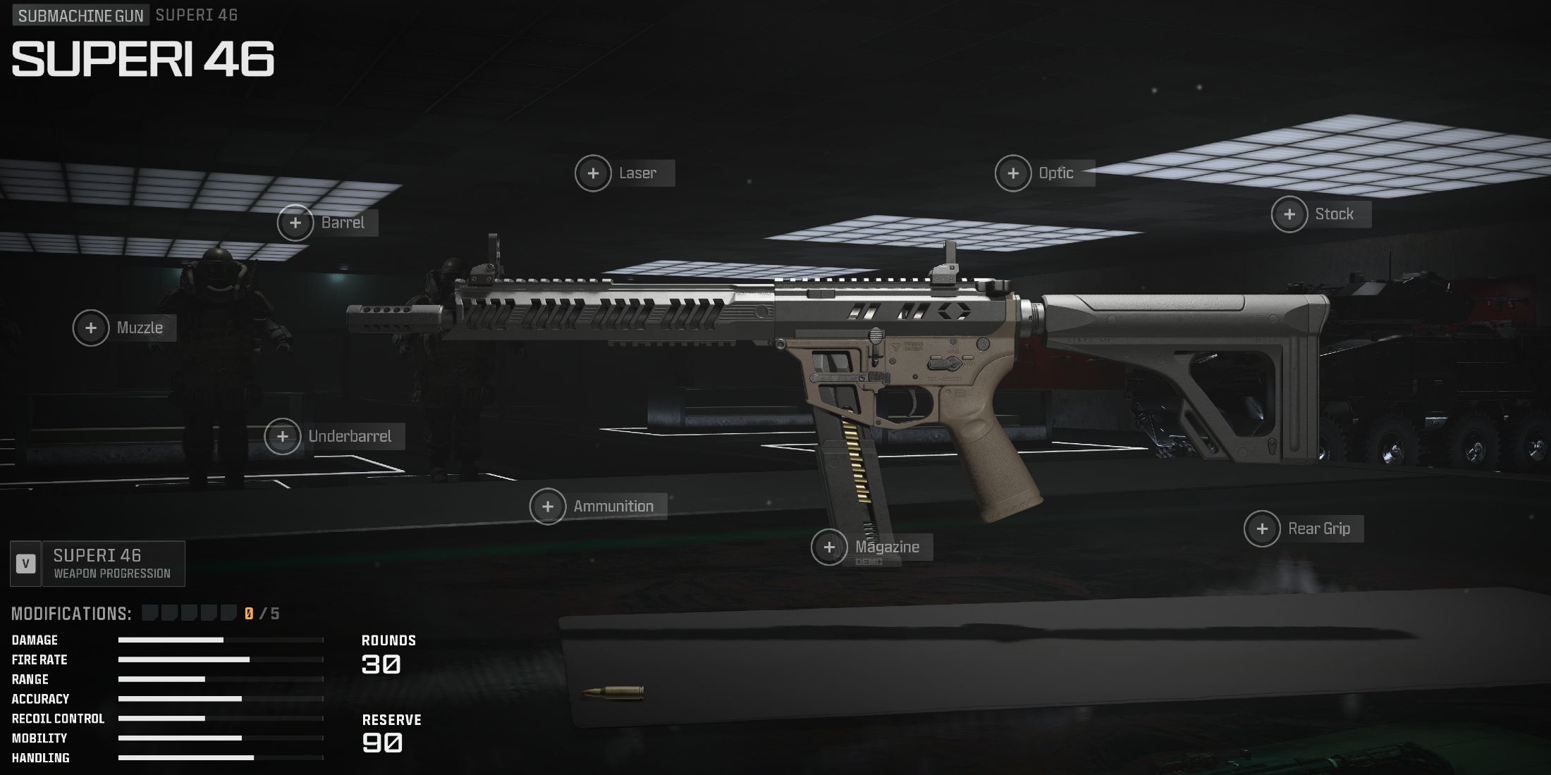 Screenshot showcasing the Superi 46 in the Gunsmith for Modern Warfare 3 and Warzone 