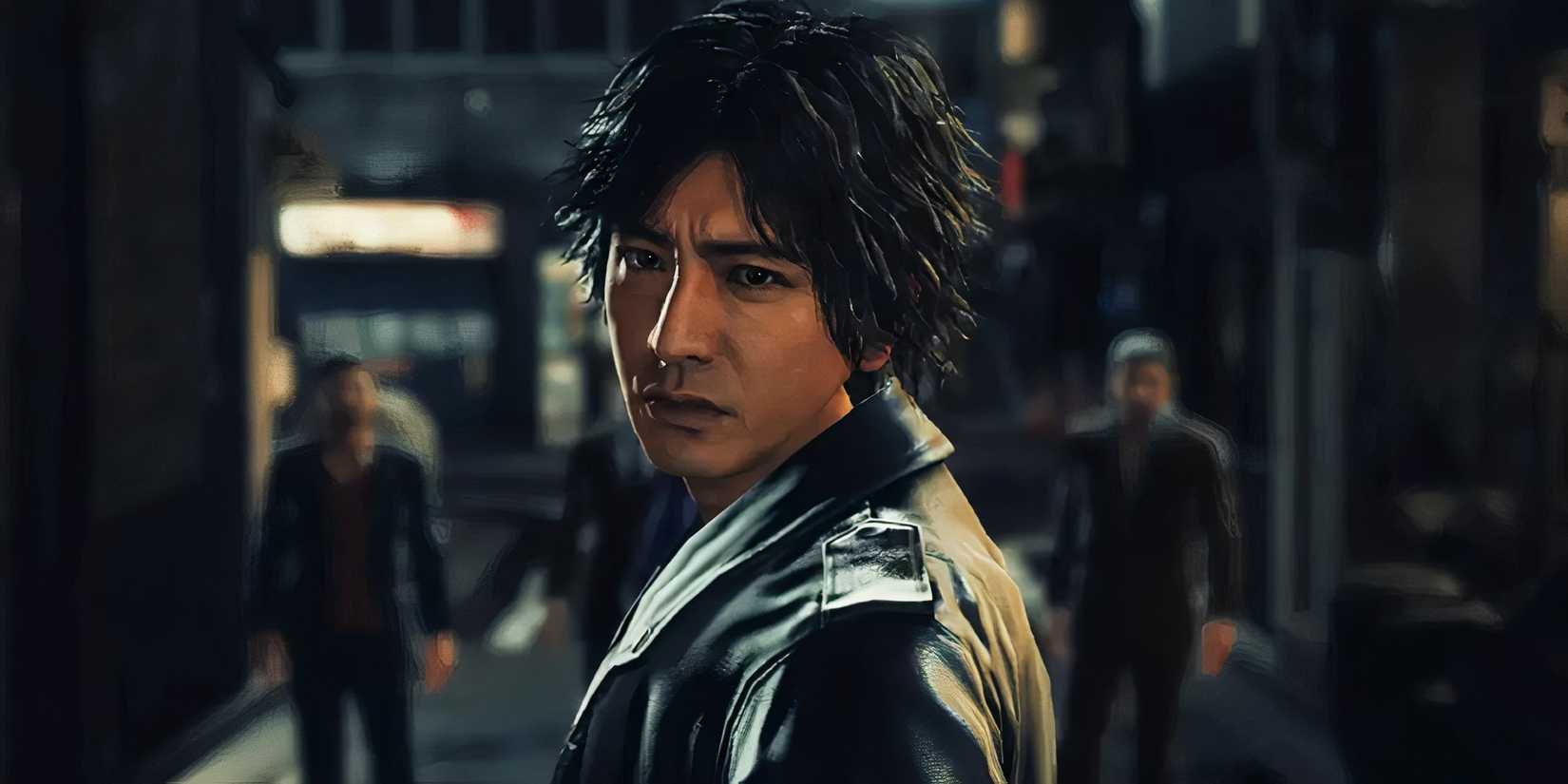 Takayuki Yagami in Judgment, looking out at the camera and posing in black attire