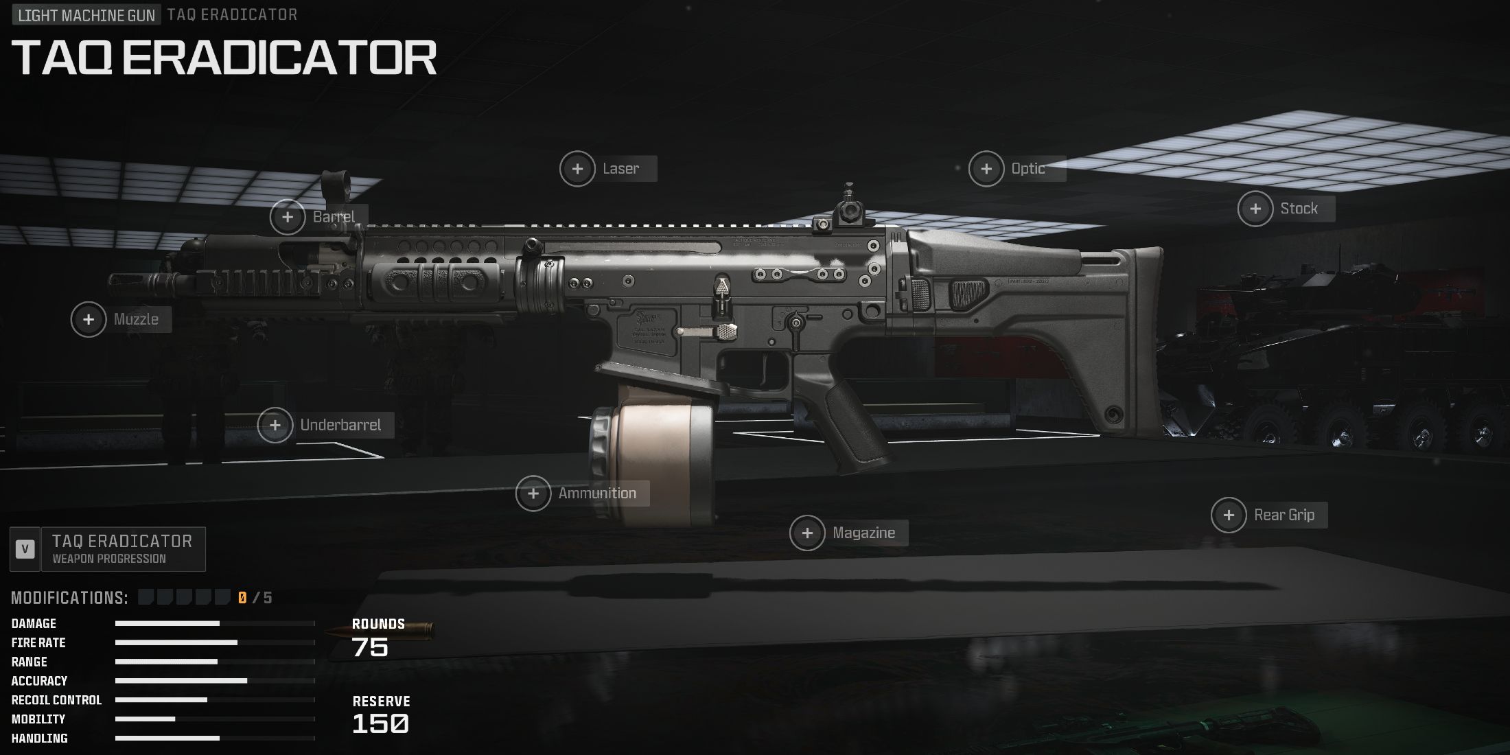 Screenshot showcasing the TAQ Eradicator in the Gunsmith for Modern Warfare 3 and Warzone 